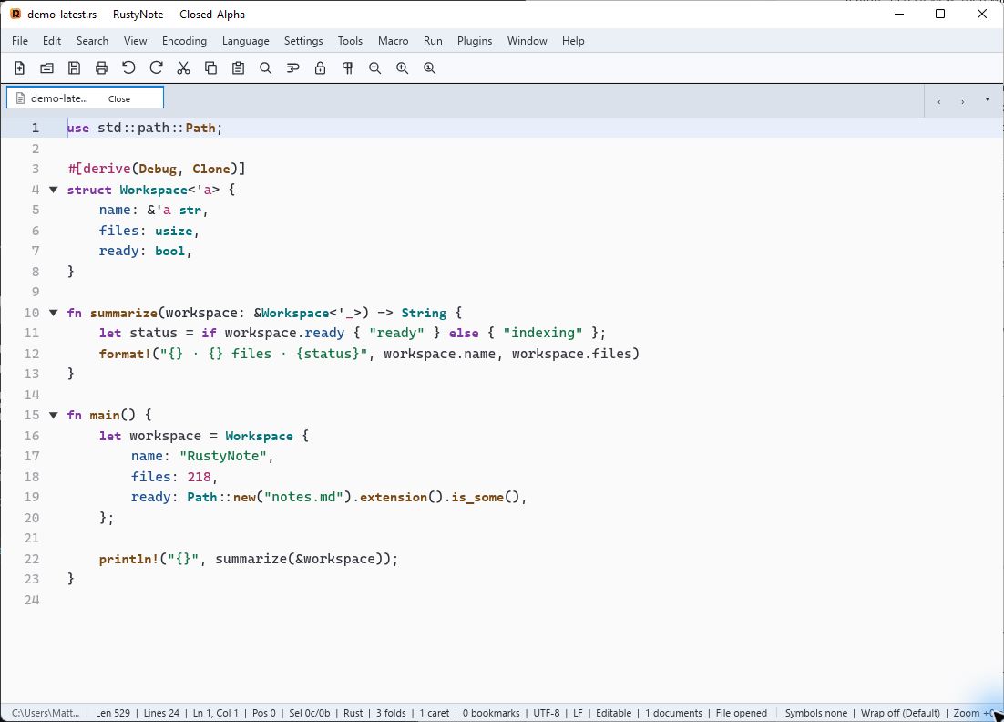 RustyNote alpha 218 editing a Rust source file with syntax highlighting