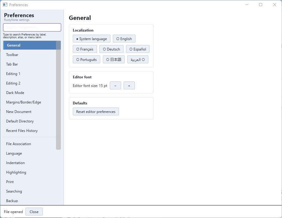 RustyNote alpha 218 preferences window