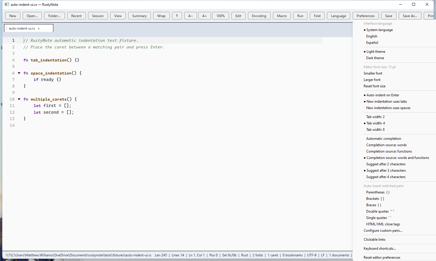 RustyNote in light mode showing Rust syntax highlighting and editor preferences, including light and dark themes