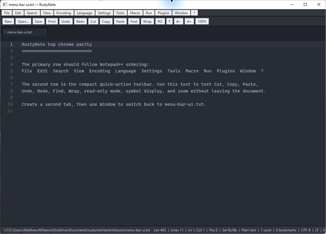 RustyNote dark-mode editor workspace