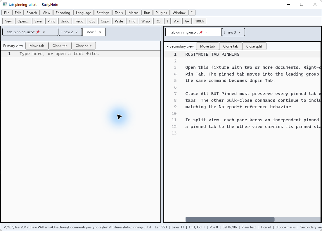 RustyNote with a document cloned across two editor panes